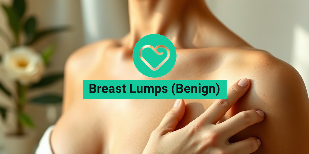 A woman's hand gently touches her breast, highlighting a benign lump in a warm, inviting atmosphere. • Yesil Health AI