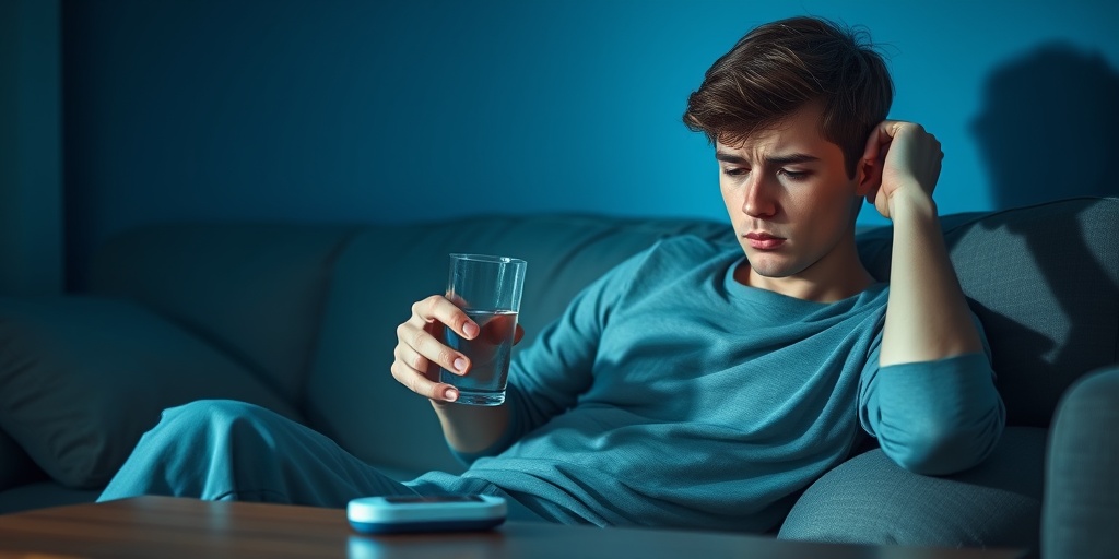 A young adult sits on a couch, visibly fatigued, holding a glass of water and a glucose meter nearby.2.png