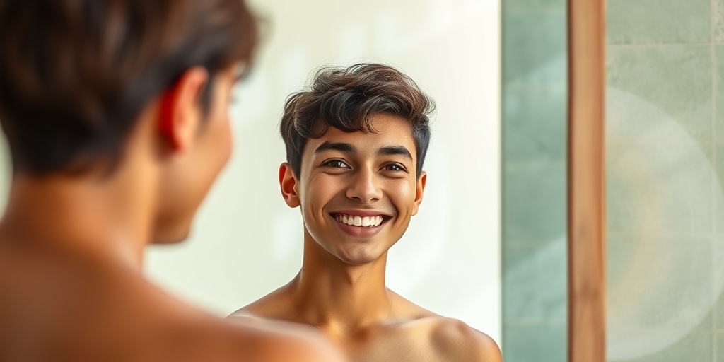 A young adult smiles confidently in front of a mirror, embracing their birthmark in a bright, uplifting environment. 5.png