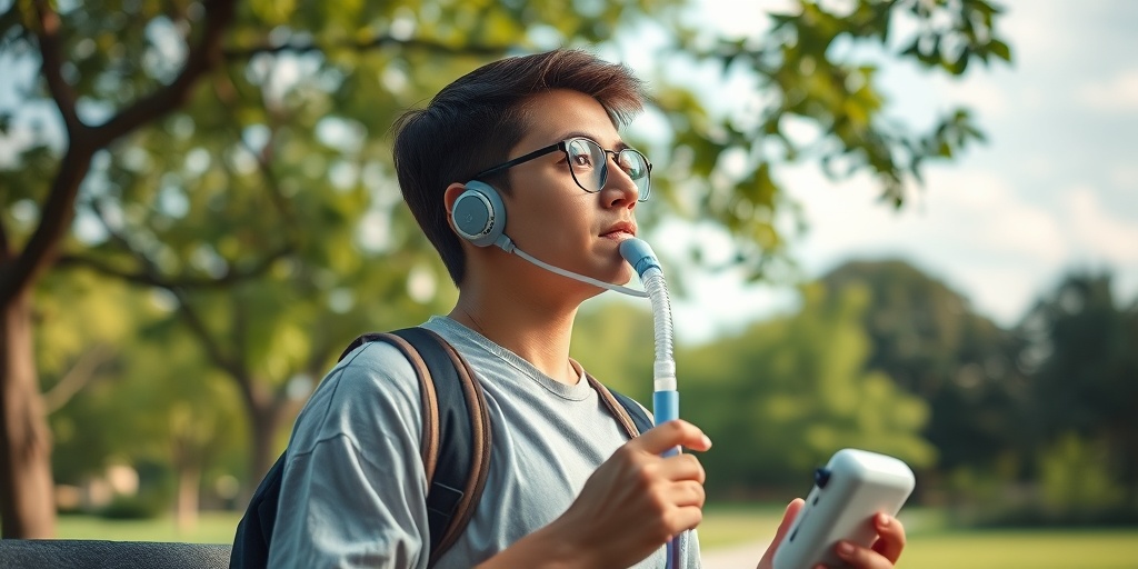 A young adult using a portable oxygen concentrator in a park, surrounded by greenery, symbolizing resilience in daily life.  5.png