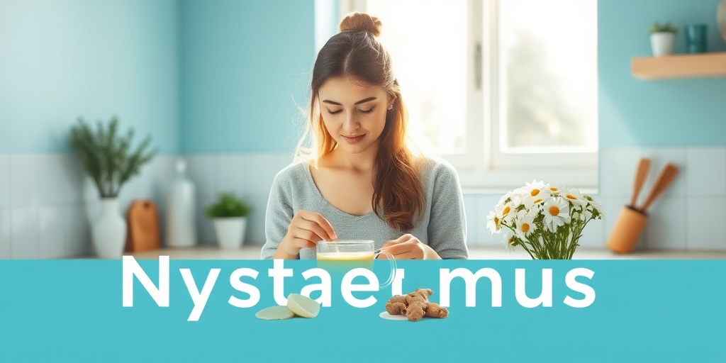 A young woman brews herbal tea in a serene kitchen, surrounded by natural ingredients, promoting holistic Nystagmus management.  4.png