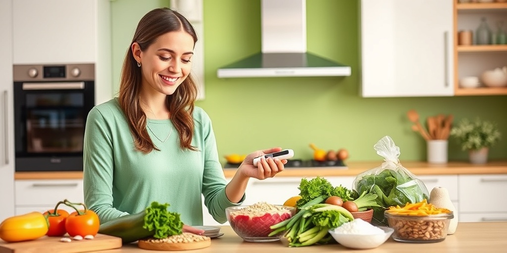 A young woman prepares a balanced meal in a modern kitchen, checking her blood sugar levels with a glucose meter.4.png