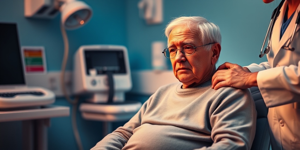 An elderly person in a doctor's office, displaying bradycardia symptoms, with a concerned healthcare professional taking their pulse.  2.png