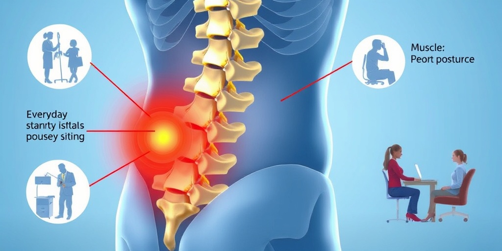 An illustration of the lumbar spine highlights herniated discs and muscle strain, emphasizing common causes of low back pain.2.png