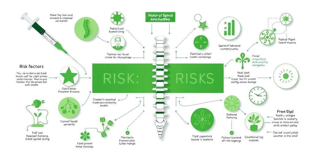 An informative visualization of spinal arachnoiditis risk factors, featuring symbols like syringes and surgery history on a creamy white background.3.png