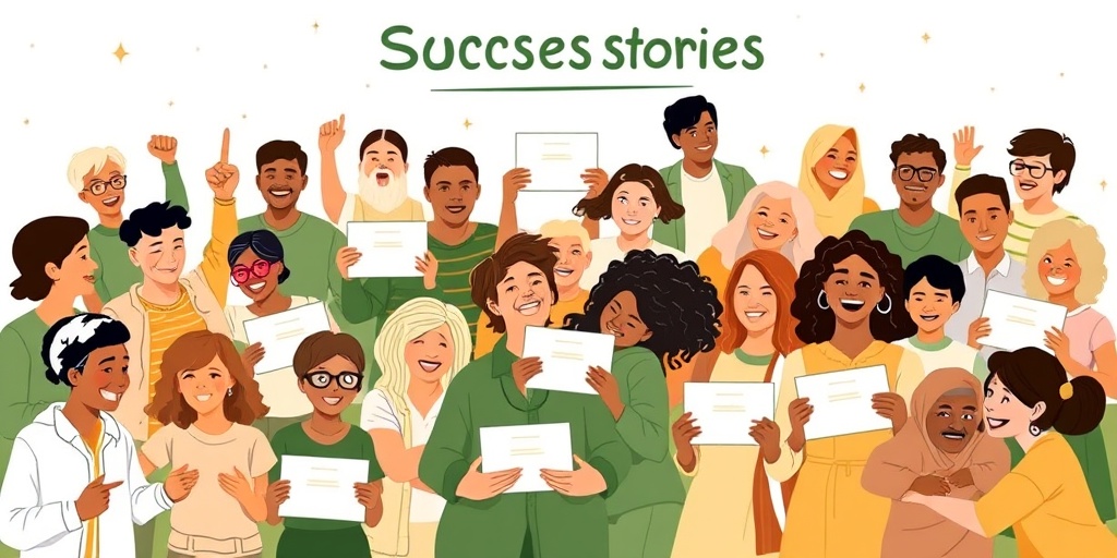 Celebrating recovery success, a diverse group shares joy and milestones, surrounded by uplifting greens and warm whites.  5.png