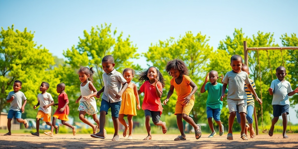 Children play joyfully in a playground, some showing rickets signs, amidst vibrant trees and a clear sky.  5.png