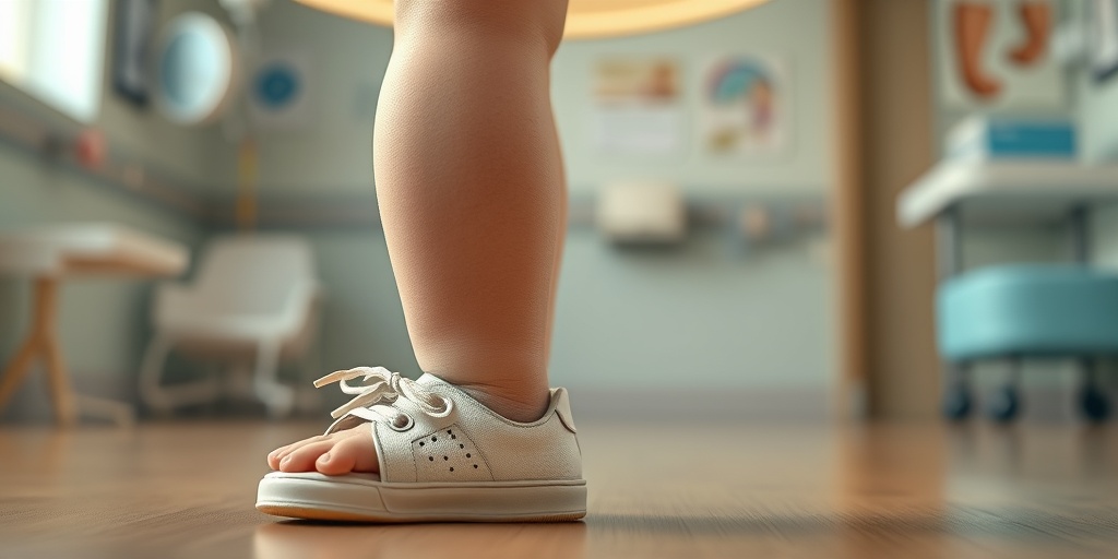 Close-up of a child's bowed legs, highlighting rickets symptoms against a soft pediatric clinic background.  2.png