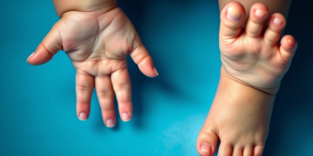 Close-up of a child's hands and feet showing syndactyly, emphasizing unique features of Apert Syndrome in a calming blue background.2.png