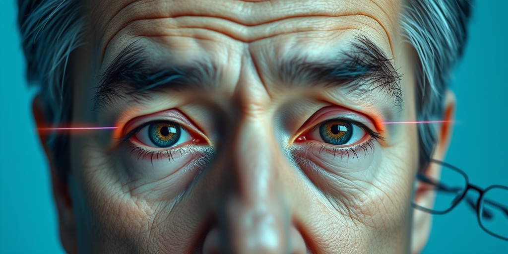 Close-up of a middle-aged person's eyes showing Nystagmus oscillations, with a soft blue backdrop enhancing emotional depth.  2.png
