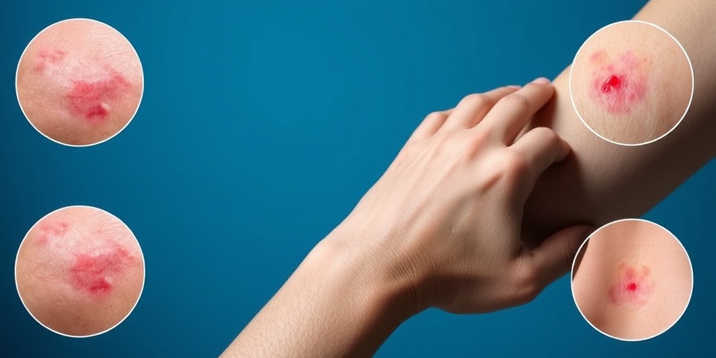 Close-up of a patient's arm shows detailed skin lesions of Zambusch's Disease, highlighting emotional impact through gentle touch. 2.png