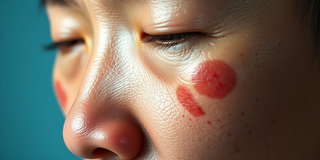 Close-up of a patient's skin affected by Fong Disease, highlighting lesions and pigmentation changes in cinematic lighting.  2.png