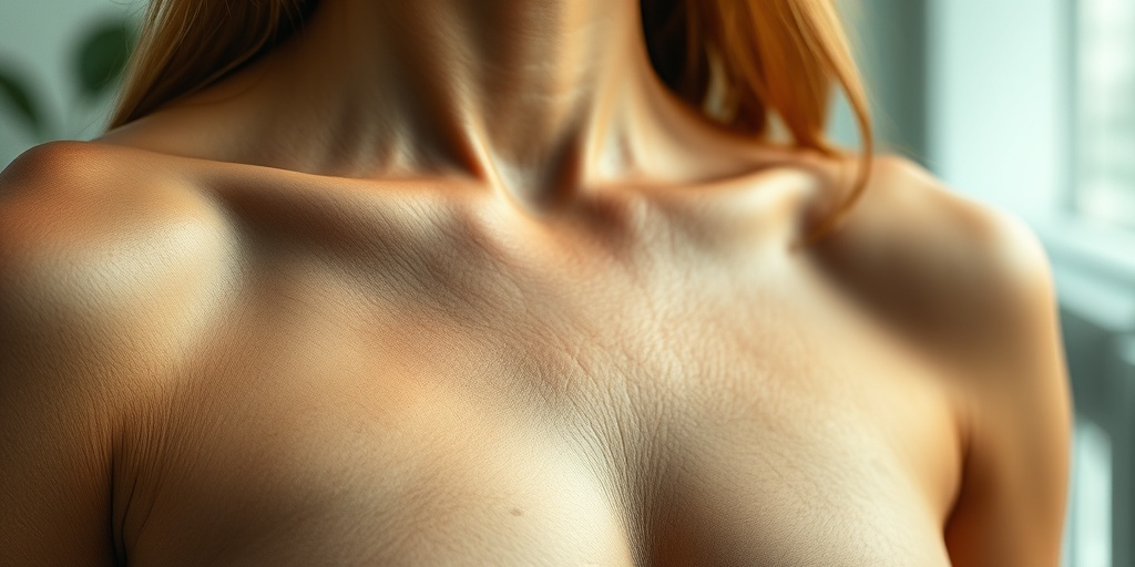 Close-up of a woman's chest reveals early breast cancer symptoms, emphasizing skin texture with respectful, cinematic lighting.2.png
