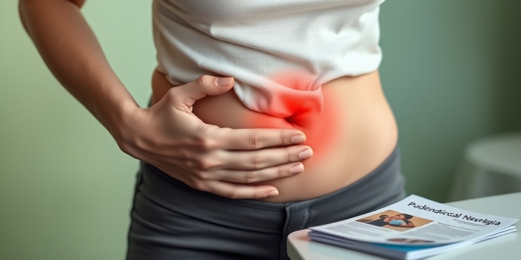 Close-up of a woman's hand on her abdomen, expressing discomfort, with a soothing background and medical pamphlet nearby.  2.png
