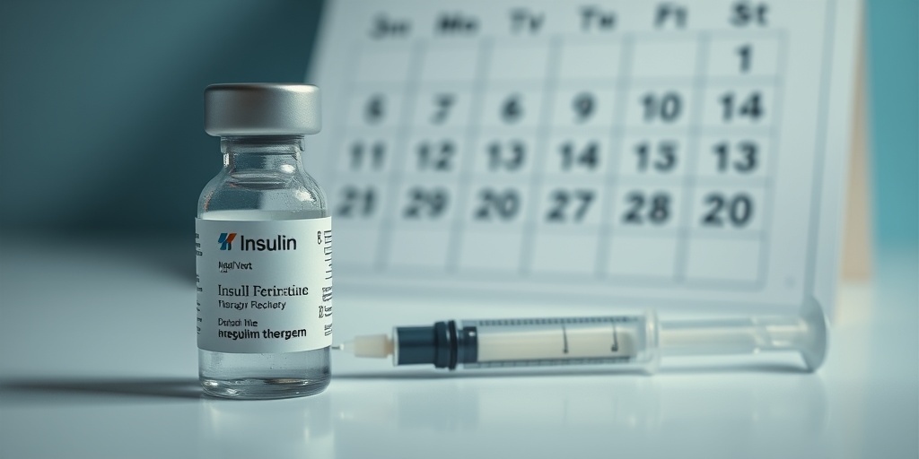 Close-up of an insulin vial and syringe on a sterile surface, with a calendar marking important dates.  2.png