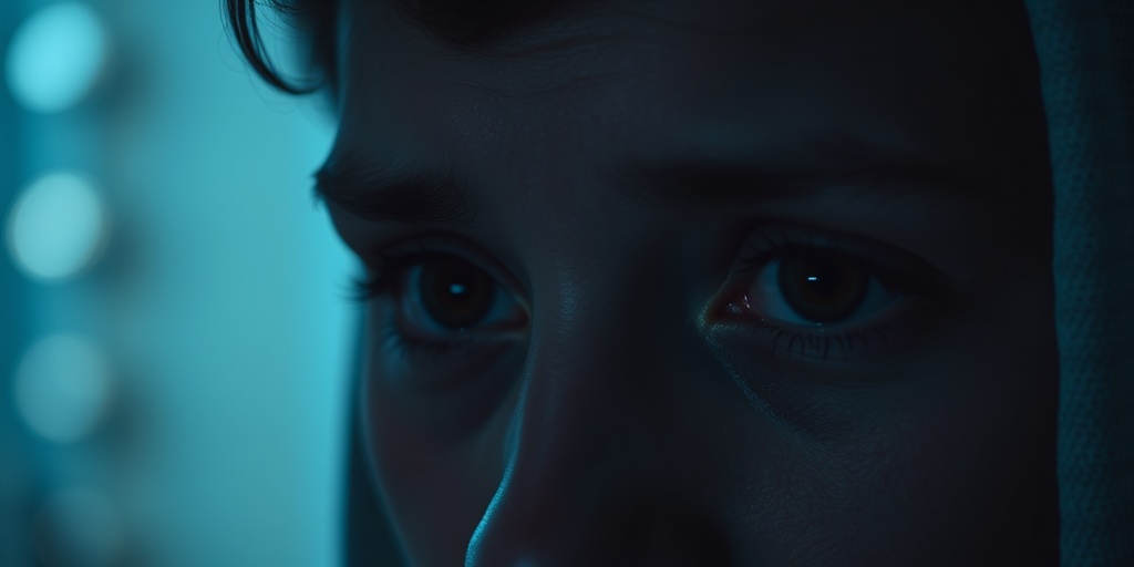 Close-up of strained eyes in low light, reflecting faint lights, symbolizing night blindness challenges.2.png