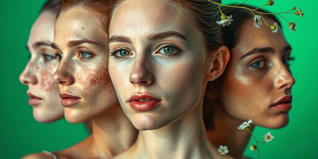 Close-up portraits depict skin concerns like acne and eczema, framed by botanical elements symbolizing healing and confidence.2.png
