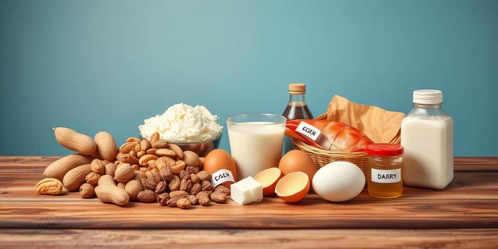 Common food allergens like peanuts and shellfish are artistically arranged on a wooden table with subtle labels.2.png