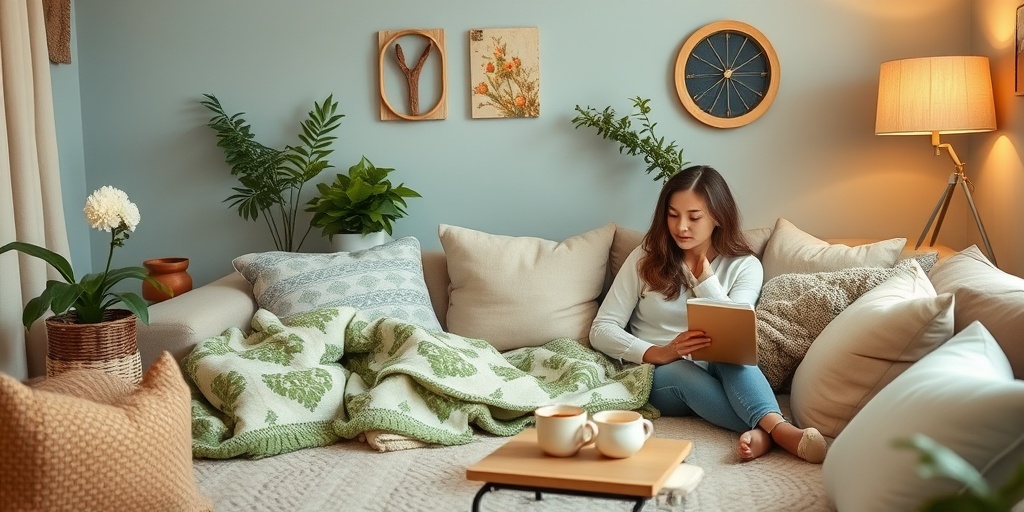 Cozy living space where a person practices self-care, highlighting meditation and journaling amidst supportive family presence.  5.png