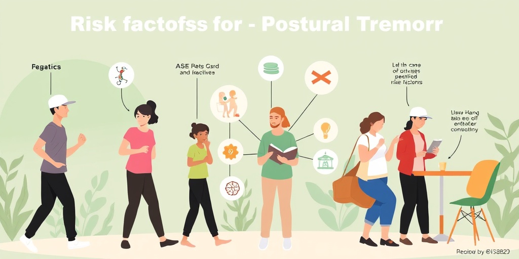 Diverse individuals engage in activities, surrounded by symbols of risk factors for postural tremor, promoting awareness.  3.png
