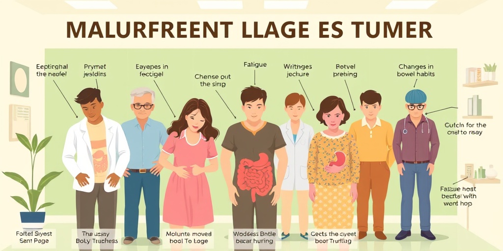 Diverse individuals in a clinical setting display symptoms of malignant large bowel tumors, conveying empathy and seriousness.  2.png
