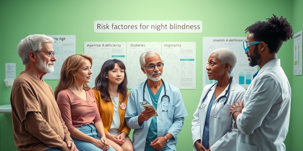 Diverse individuals in a healthcare setting discuss night blindness risk factors, emphasizing awareness and education.3.png
