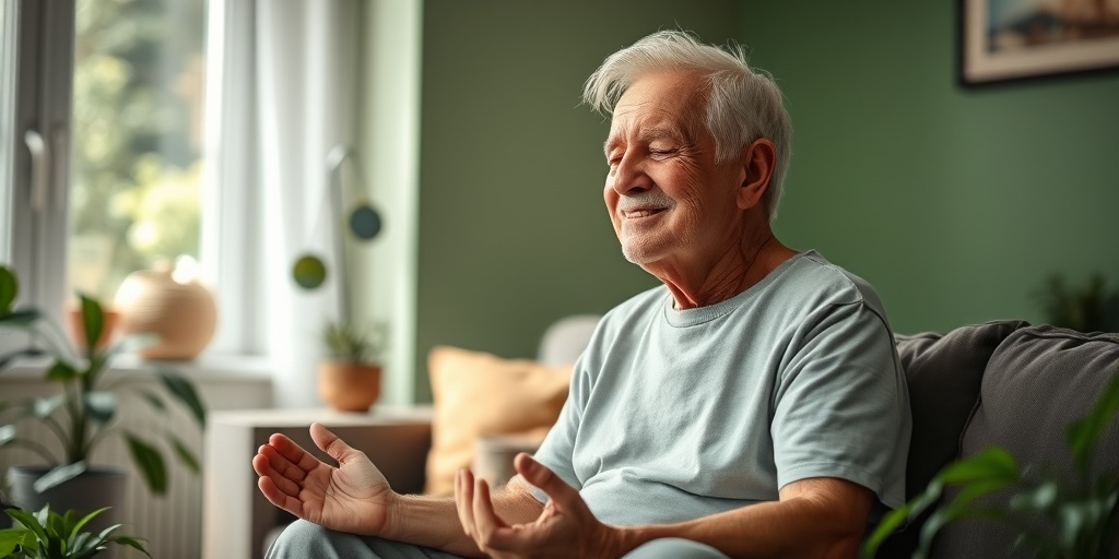 Elderly man meditates peacefully in a cozy living room, surrounded by nature, illustrating mindfulness in aging.  4.png