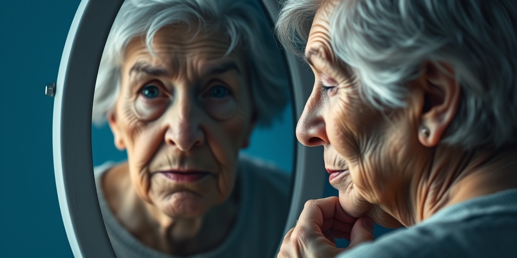 Elderly woman gazes thoughtfully into a mirror, reflecting on her aging features in a calming blue setting.  2.png