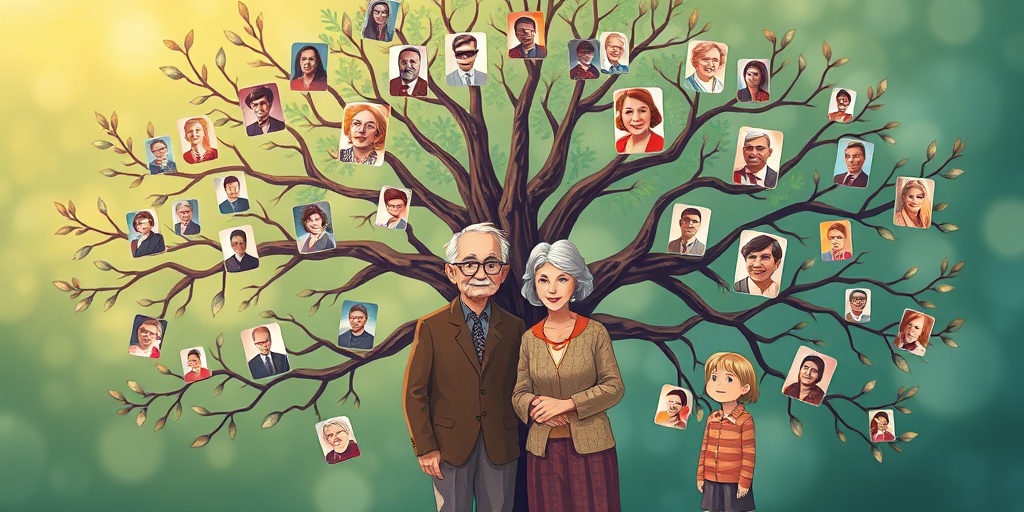 Family tree illustration highlights an elderly couple, surrounded by younger generations, celebrating the legacy of aging.  3.png