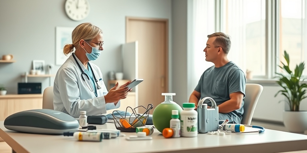 Healthcare professional discussing treatment options with a patient, surrounded by therapy tools in a modern clinic.  4.png