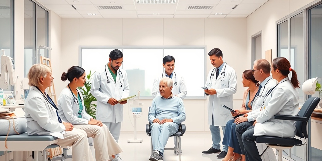 Healthcare professionals collaborate on MSA treatment plans, showcasing medication and therapy options in a modern clinic.  4.png
