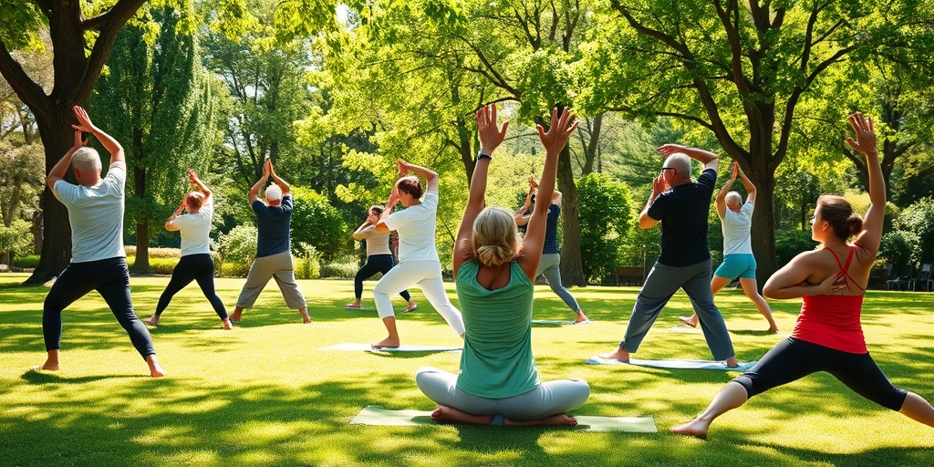 Individuals of various ages perform outdoor stretches, creating a lively atmosphere in a park surrounded by lush greenery.3.png