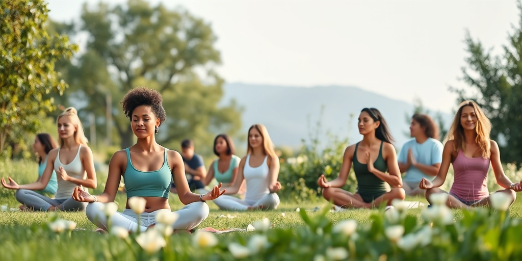 Individuals practice meditation and exercise in a serene outdoor setting, enjoying nature and promoting wellness.  5.png