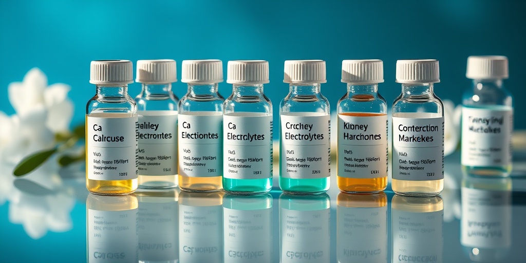 Labeled vials of glucose and electrolytes arranged artistically on a reflective surface, showcasing clarity and detail. 2.png