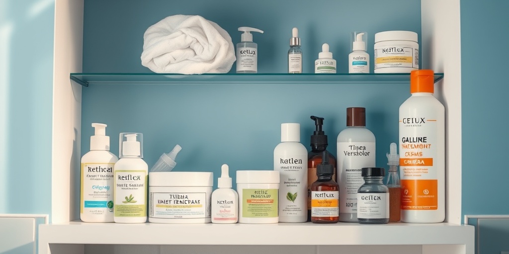 Organized bathroom shelf featuring antifungal treatments for Tinea Versicolor, illuminated by soft blue lighting for a hopeful atmosphere.  4.png
