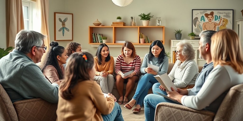 Parents share experiences in a support group for ADHD, fostering understanding and community in a warm setting. 5.png