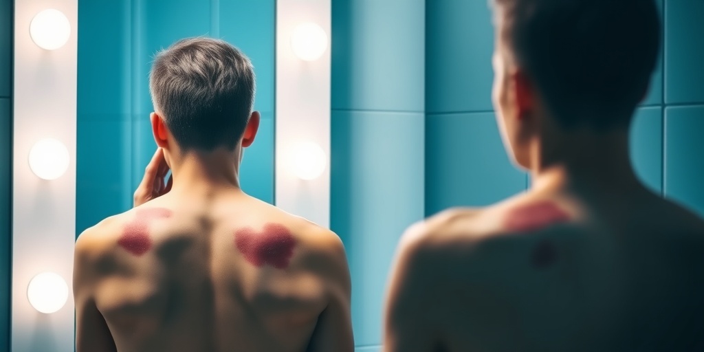 Person examining skin in a bathroom mirror, revealing Tinea Versicolor symptoms with soft blue tones enhancing the scene.  2.png