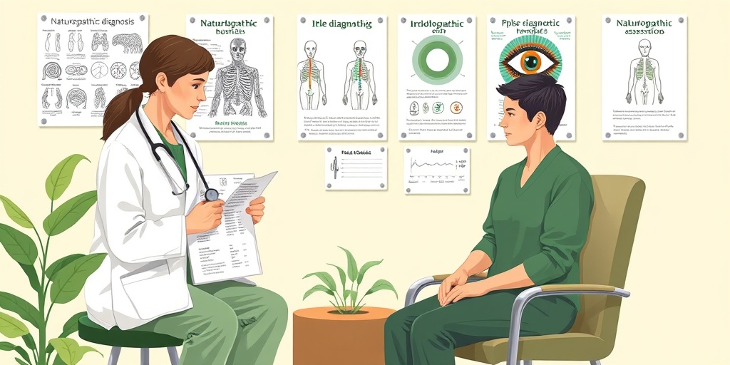 Practitioner using various naturopathic diagnosis tools while a patient attentively sits in a welcoming environment.  4.png