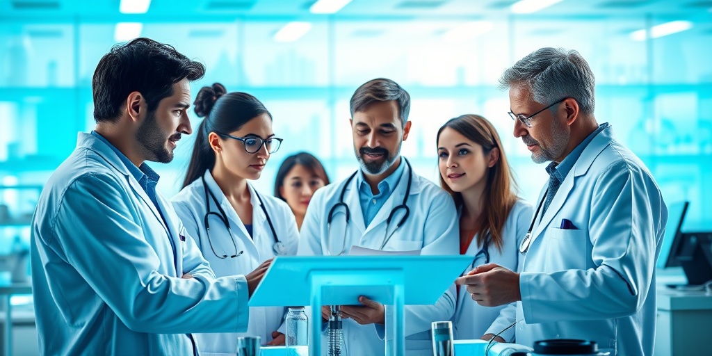 Researchers collaborate in a bright lab, showcasing hope and innovation in the future of Recurrent Multiple Myeloma research and treatment. 5.png