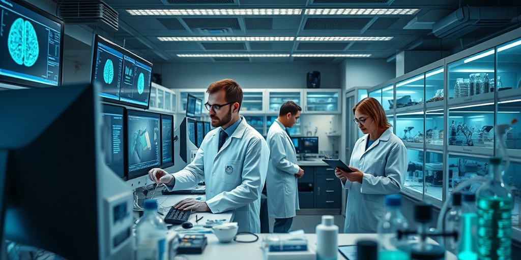 Scientists conduct research on Balo Disease in a high-tech lab, analyzing data and discussing findings under bright lighting.  5.png