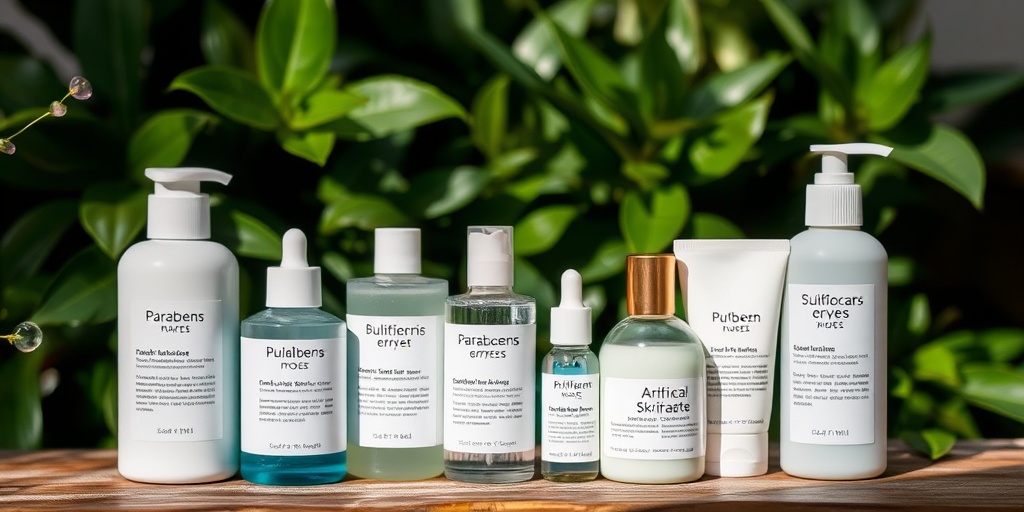 Skincare products labeled with harmful ingredients are set against lush greenery, promoting awareness and mindfulness in skincare choices.5.png