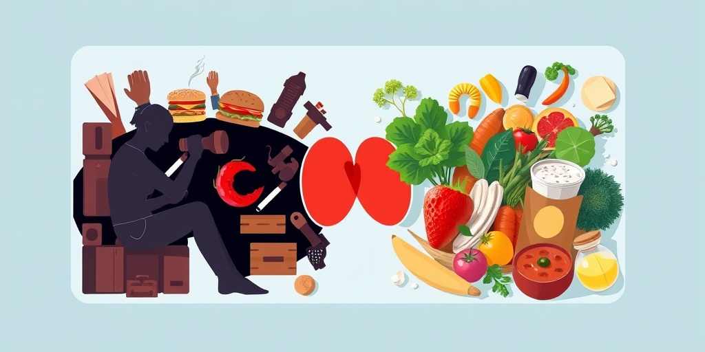 Split-screen illustration contrasting unhealthy lifestyle choices with vibrant, healthy options, emphasizing the impact on cholesterol levels. 3.png