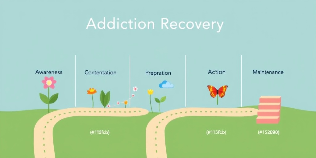 Stages of addiction recovery illustrated through pathways, featuring symbols of growth against a calming blue and green backdrop.  2.png