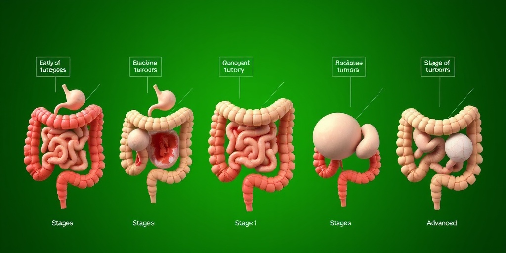 Stages of malignant large bowel tumors depicted in photorealistic images, showcasing progression with clear labels and anatomical details.  4.png