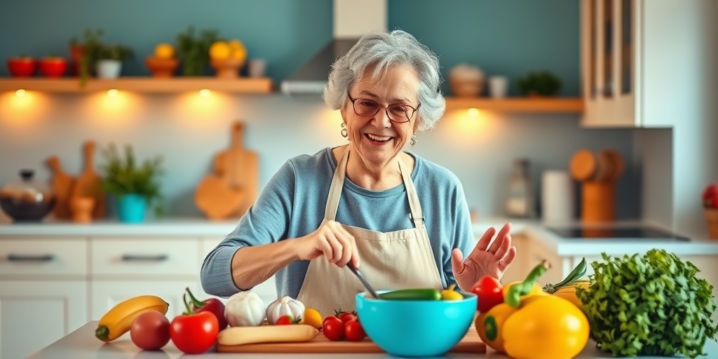Vibrant kitchen scene of an elderly woman cooking a healthy meal, emphasizing nutrition and vitality in aging.  5.png