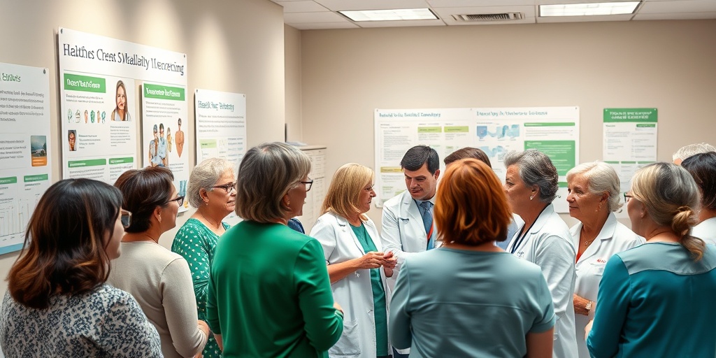Women engage with healthcare professionals at a health screening event, surrounded by resources, promoting community support and awareness.5.png