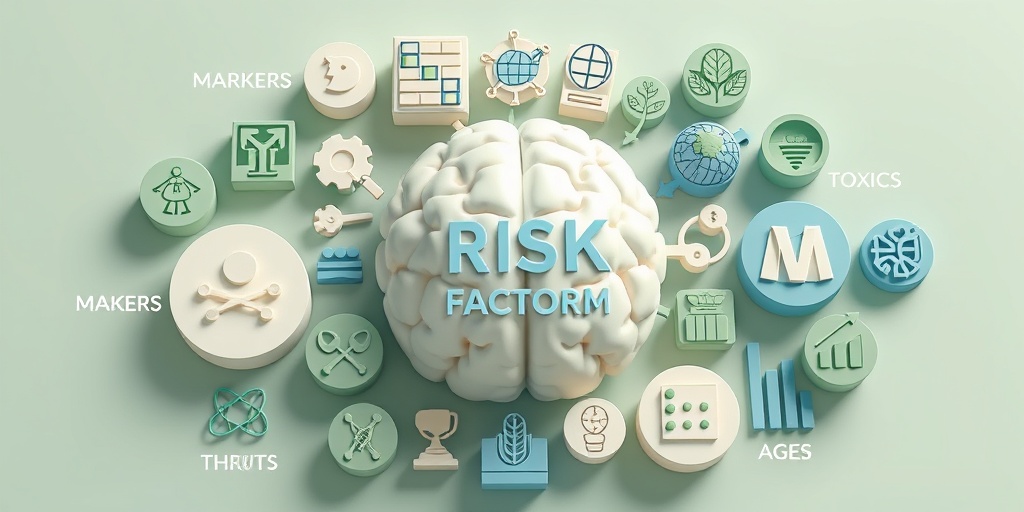 A 3D collage illustrates Glioblastoma risk factors, featuring genetic markers and environmental toxins in harmonious greens and whites.3.png