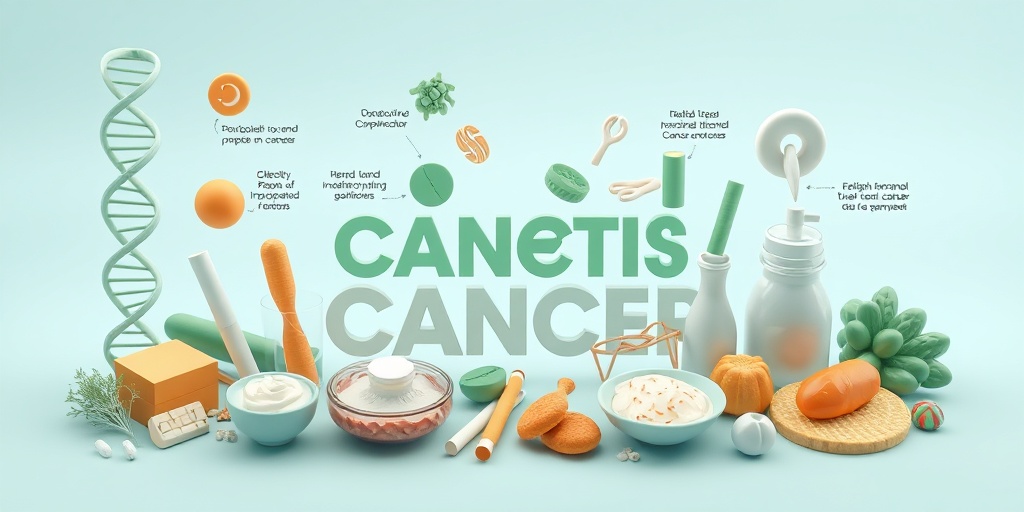 A 3D render illustrating causes of pancreatic cancer, featuring DNA strands, cigarettes, and unhealthy foods in a cohesive layout.  3.png
