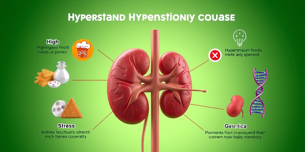 A 3D render illustrating hypertension causes, featuring high-sodium foods and stress indicators, emphasizing kidney disease complexity.3.png