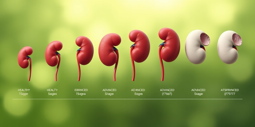 A 3D render illustrating kidney stages of diabetic nephropathy, from healthy to severely affected, in a gradient display.3.png